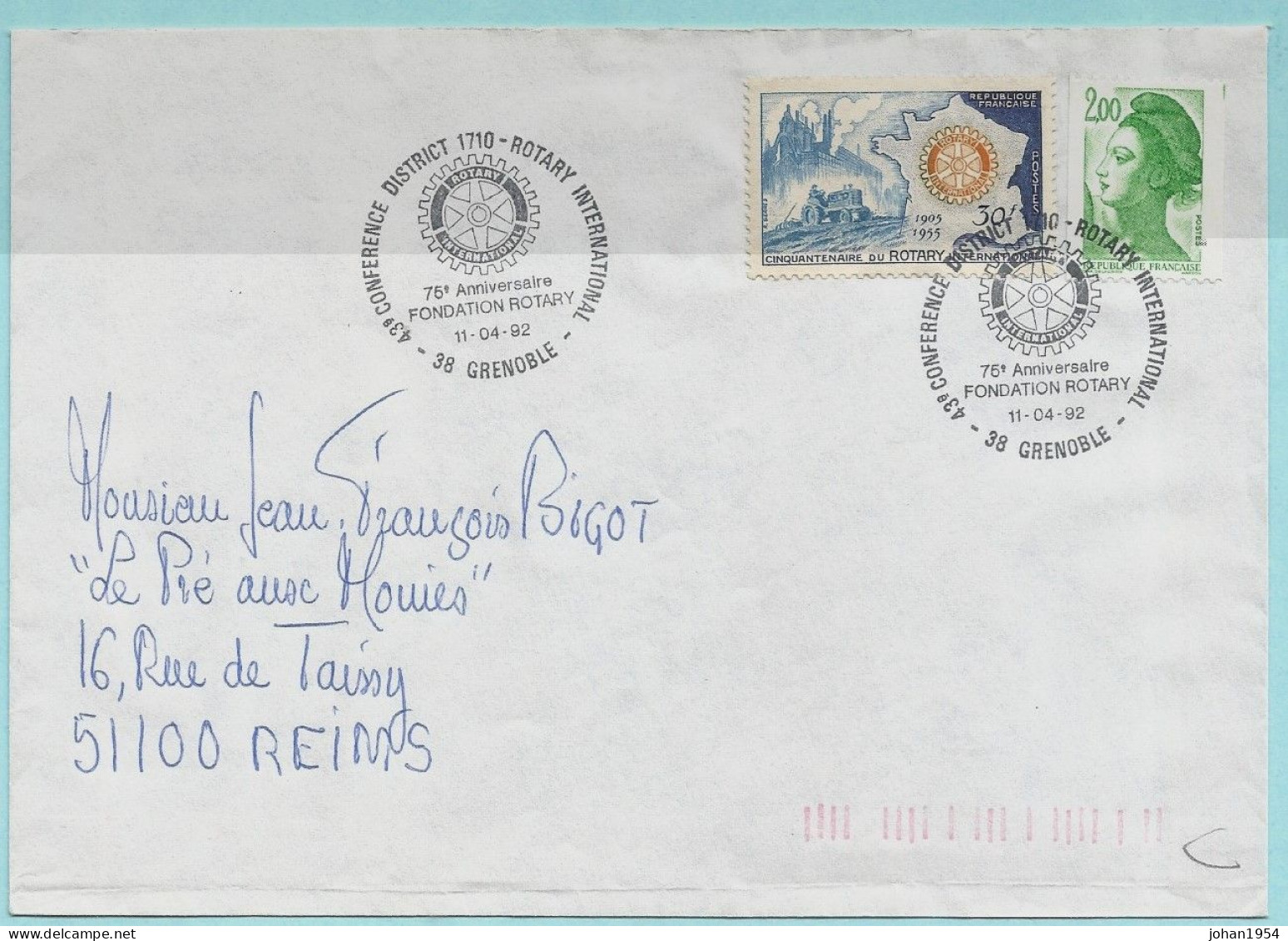 FRANCE - N°1009 Sur Lettre - 75° ANNIVERSAIRE ROTARY GRENOBLE 11/04/1992 - Rotary, Lions Club