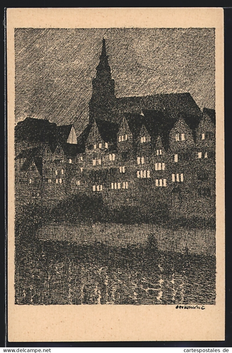 Künstler-AK Tübingen, Ansicht Der Neckarseite Der Altstadt  - Ubbelohde, Otto