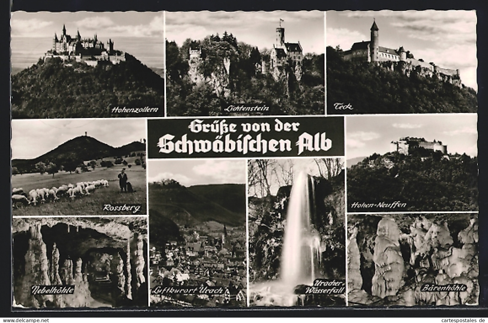 AK Urach /Schwäbische Alb, Teilansicht, Schloss Hohenzollern, Uracher Wasserfall  - Bad Urach