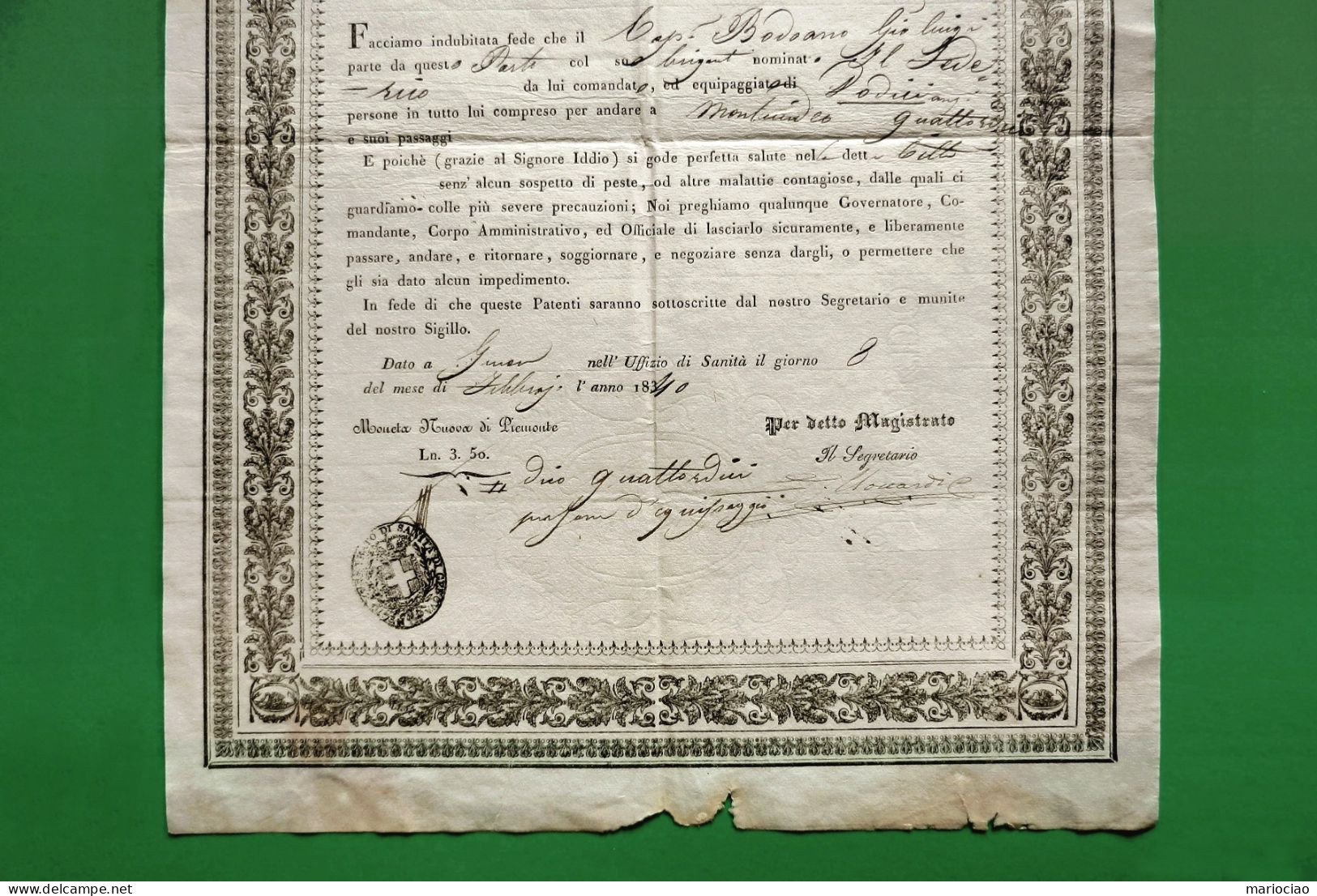 D-IT Fede Di Sanità Contro La PESTE - Magistrato Del Porto Di Genova 1834 - Historische Documenten