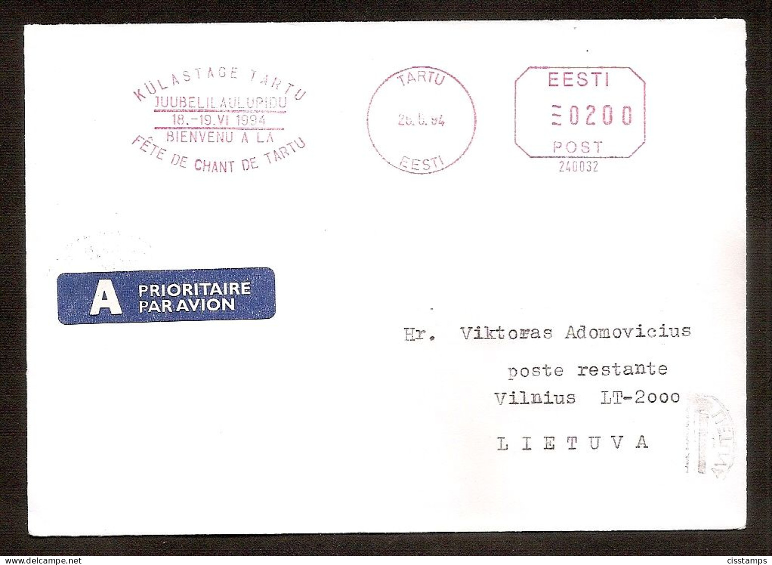 Estonia 1994●PITNEY BOWES Meter Stamp●Tartu Song Festival●scarce Because Used Only 2 Days●Cover To Lithuania - Musique