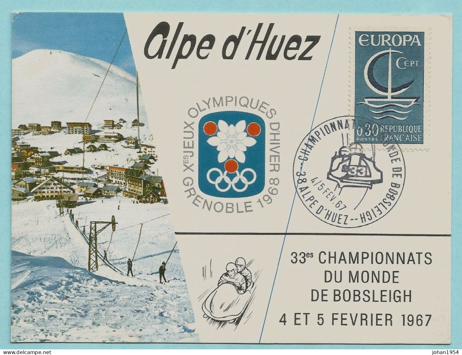 N°1490 Sur Carte - 33° CHAMPIONNATS DU MONDE BOBSLEIGH 1967 ALPE D'HUEZ - Hiver 1968: Grenoble