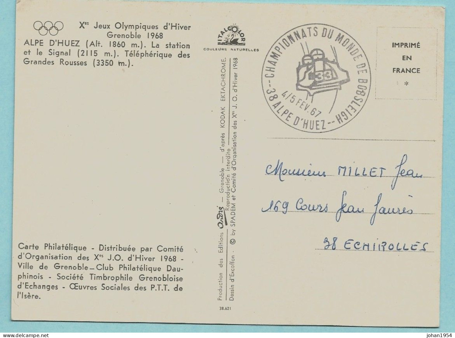 N°1490 Sur Carte - 33° CHAMPIONNATS DU MONDE BOBSLEIGH 1967 ALPE D'HUEZ - Invierno 1968: Grenoble
