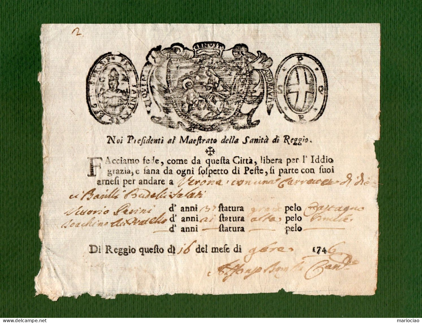 D-IT Fede Di Sanità Contro La PESTE Reggio Emilia 1746 Lasciapassare Sanitario Per Verona - Documentos Históricos