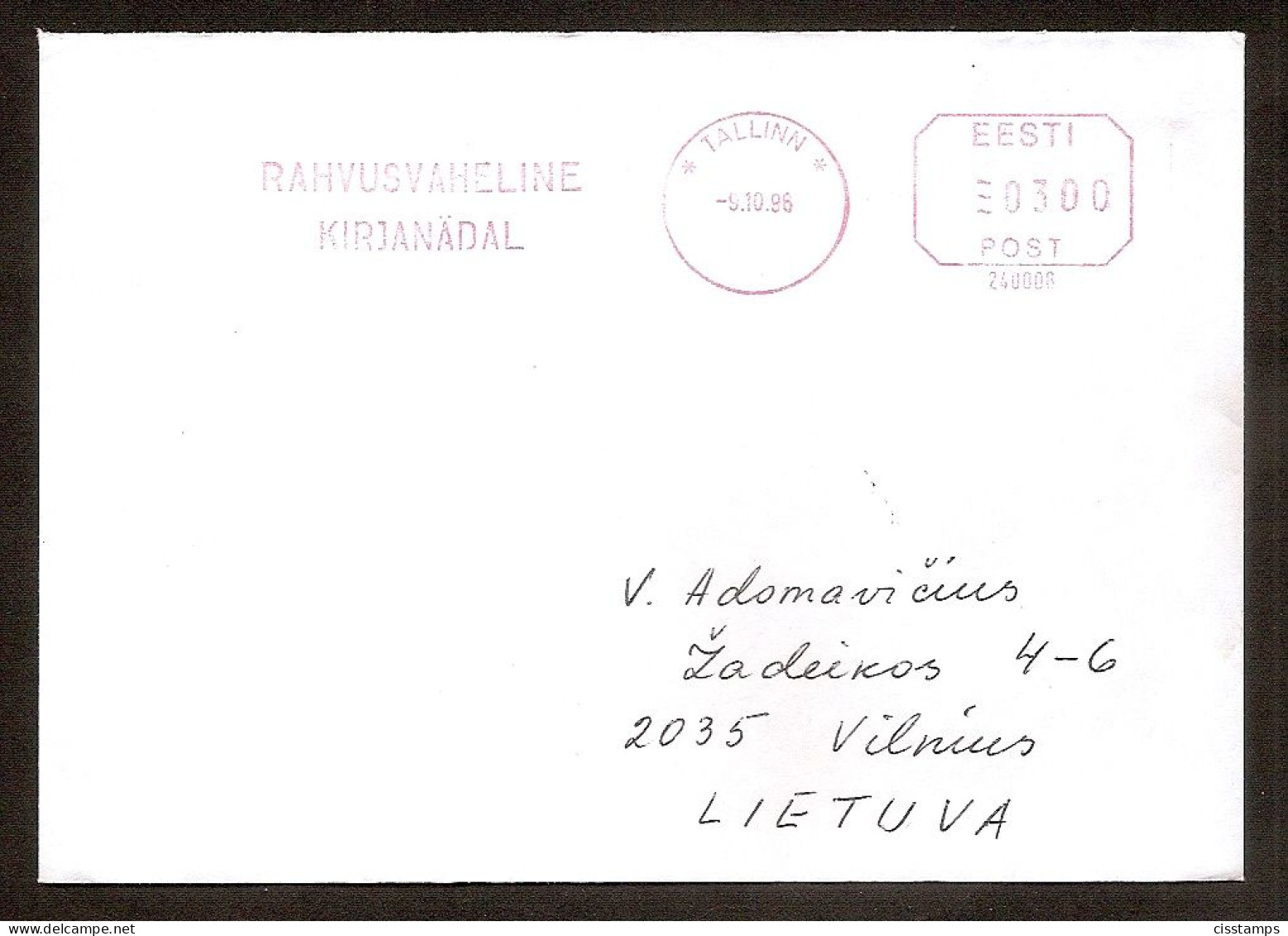 Estonia 1996●PITNEY BOWES Meter Stamp●Letter Writing Week●Cover To Lithuania - Estonia