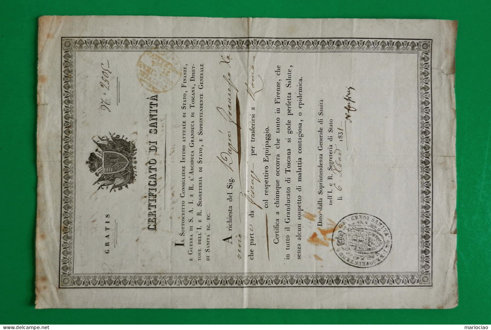 D-IT Fede Di Sanità GRANDUCATO DI TOSCANA 1831 Lasciapassare Da Firenze A Roma - Historische Documenten