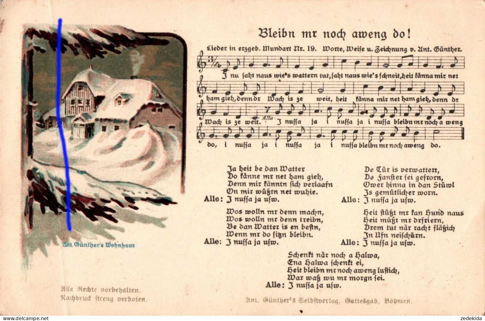 H1958 - Litho Anton Günther Liedkarte - Bleibn Mer Noch ... - Gottesgab Sudentengau - Music And Musicians