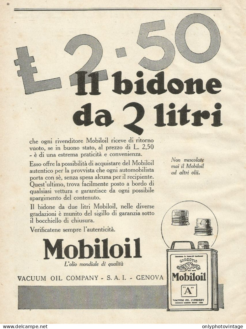 Gargoyle MOBILOIL - Il Bidone Da 2 Litri - Pubblicità 1930 - Advertising - Werbung