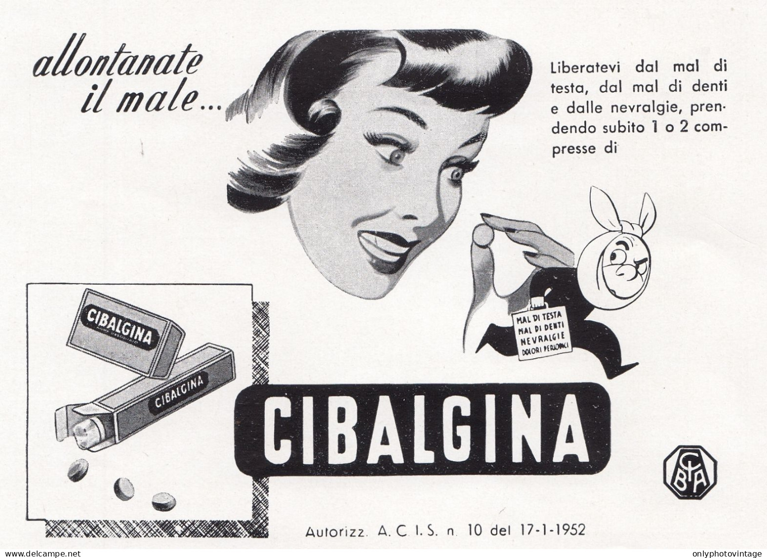Compresse CIBALGINA, Vignetta, Pubblicità Epoca 1953, Vintage Advertising - Advertising