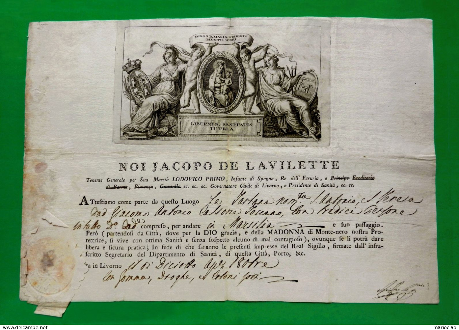 D-IT Fede Di Sanità Lasciapassare Sanitario - LIVORNO 1803 Cm 43 X 29,5 - Documentos Históricos