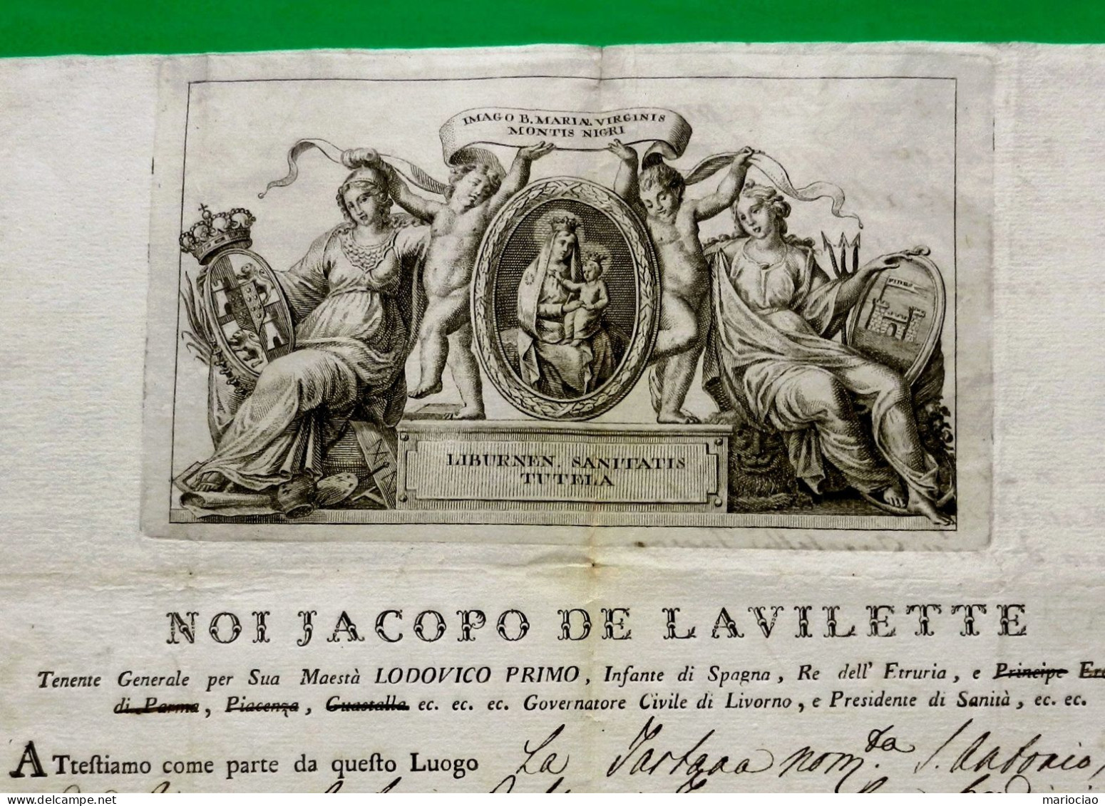 D-IT Fede Di Sanità Lasciapassare Sanitario - LIVORNO 1803 Cm 43 X 29,5 - Documentos Históricos