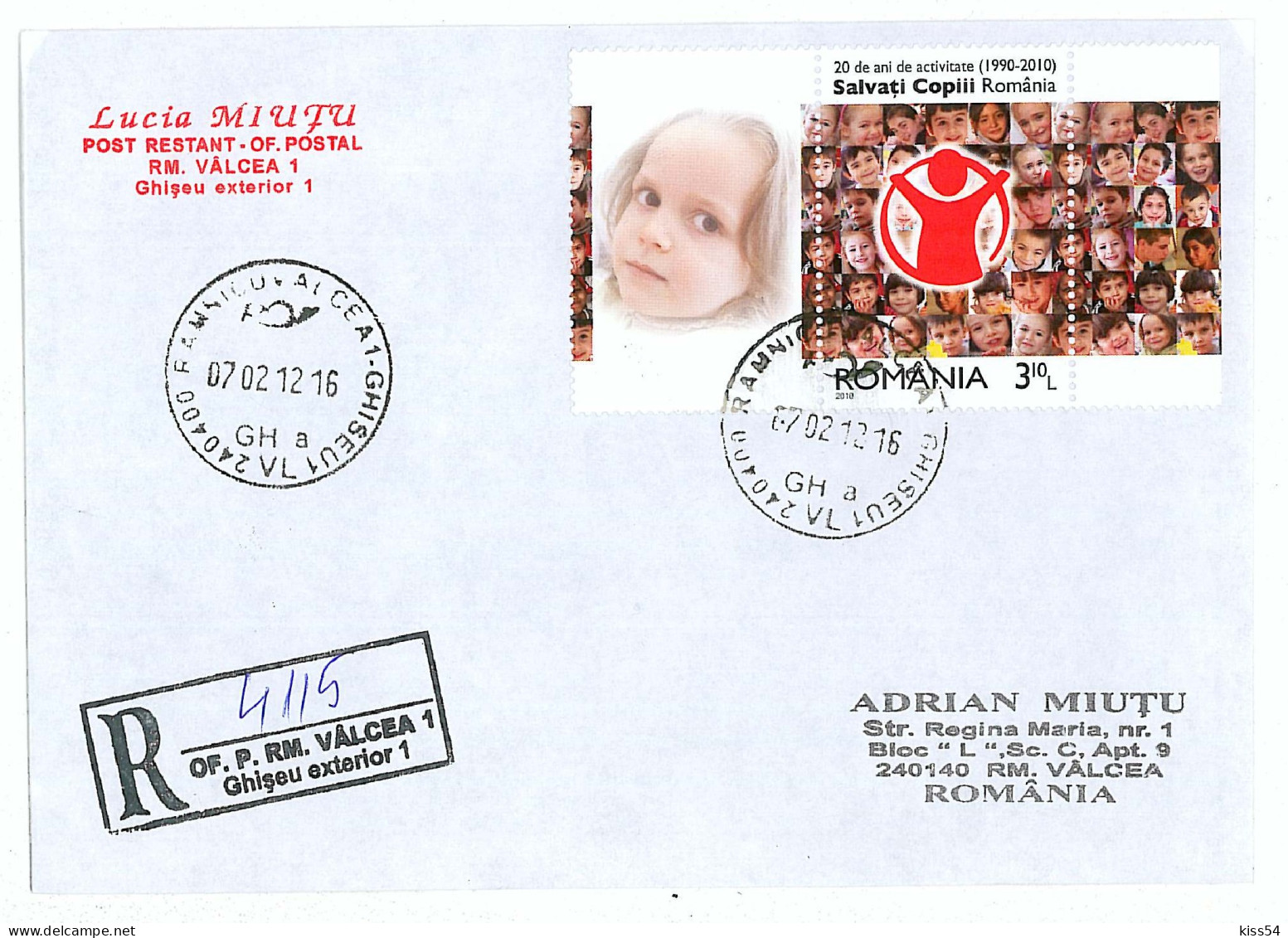 NCP 26 - 4115-a SAVE The CHILDREN, Romania - Registered, Stamp With Vignette And TABS - 2012 - Briefe U. Dokumente