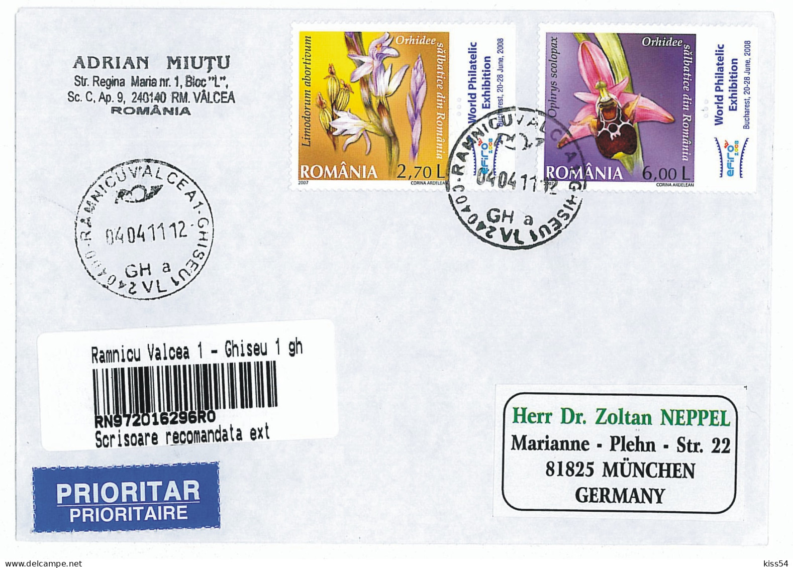 NCP 26 - 20-a ORCHID, Romania - INTERNATIONAL Registered, Stamps With TABS - 2012 - Brieven En Documenten