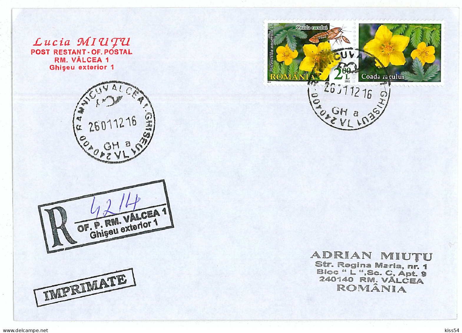NCP 26 - 4214-a Flower, Romania - Registered, Stamp With Vignette - 2012 - Covers & Documents