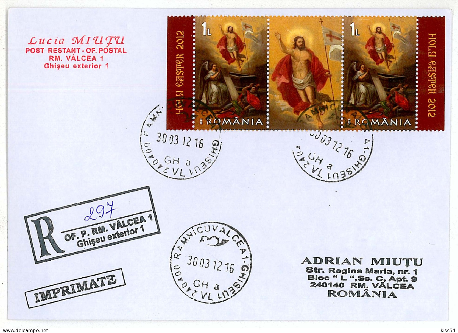 NCP 26 - 297-a EASTER, Romania - Registered, Stamps With Vignette - 2012 - Lettres & Documents