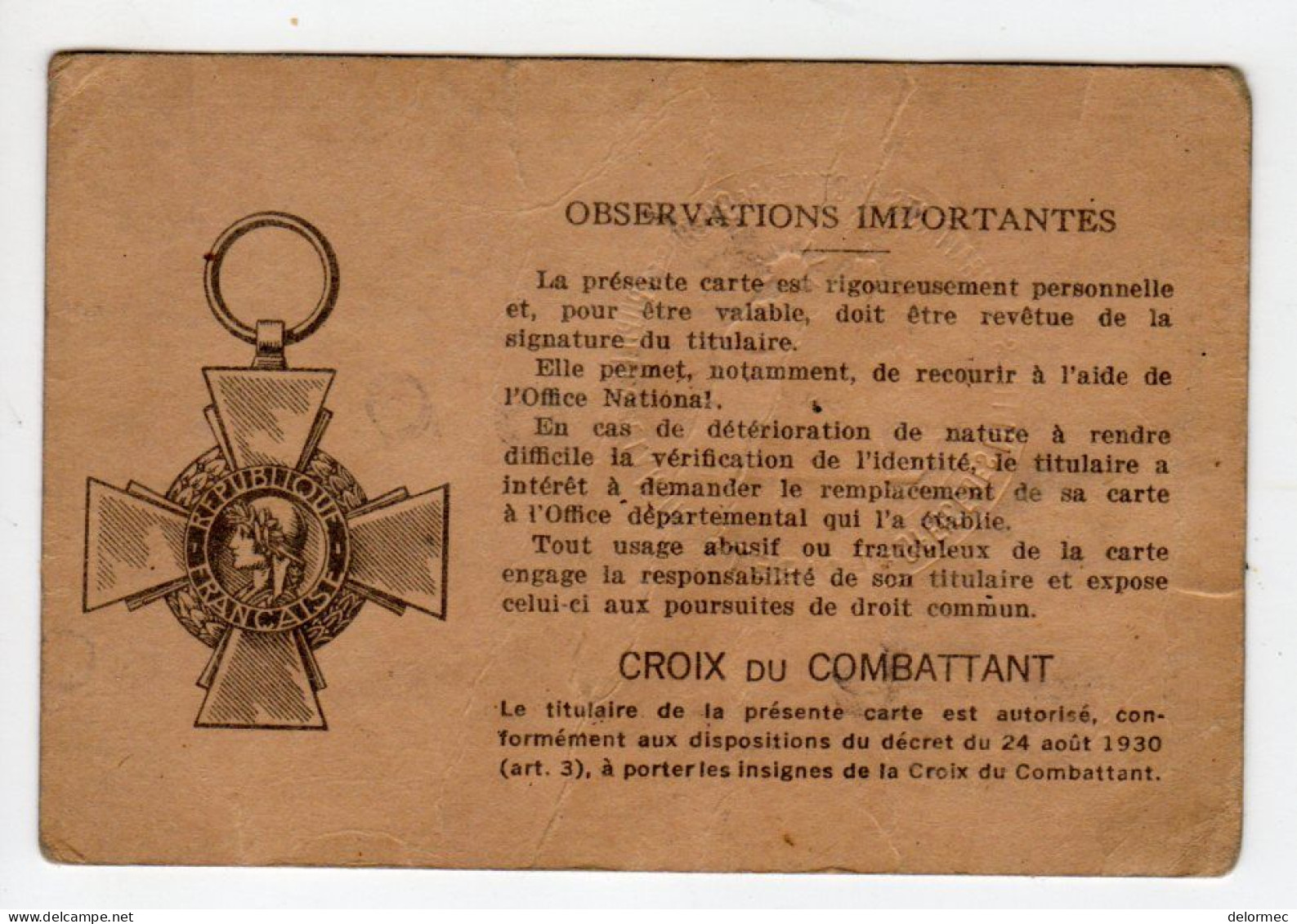 Militaria Guerre 1939-45 Ww2 Carte Combattant 1939 Loiret Robert Haudebourg Orléans Saint Jean De La Ruelle Croix Dos - 1939-45
