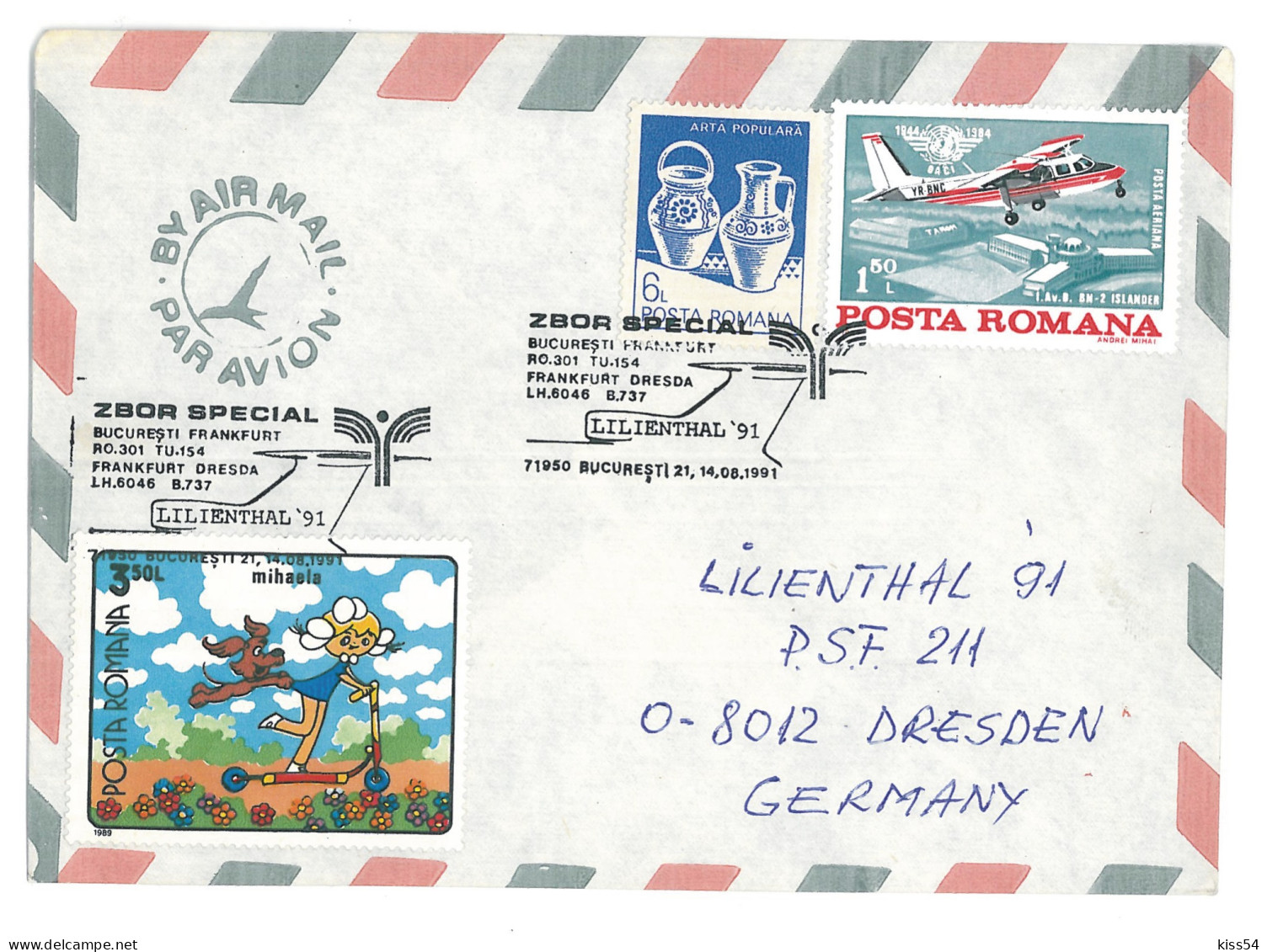 COV 82 - 352-a AIRPLANE, Flight, Bucuresti-Lilienthal, Romania-Germany - Cover - Used - 1991 - Brieven En Documenten