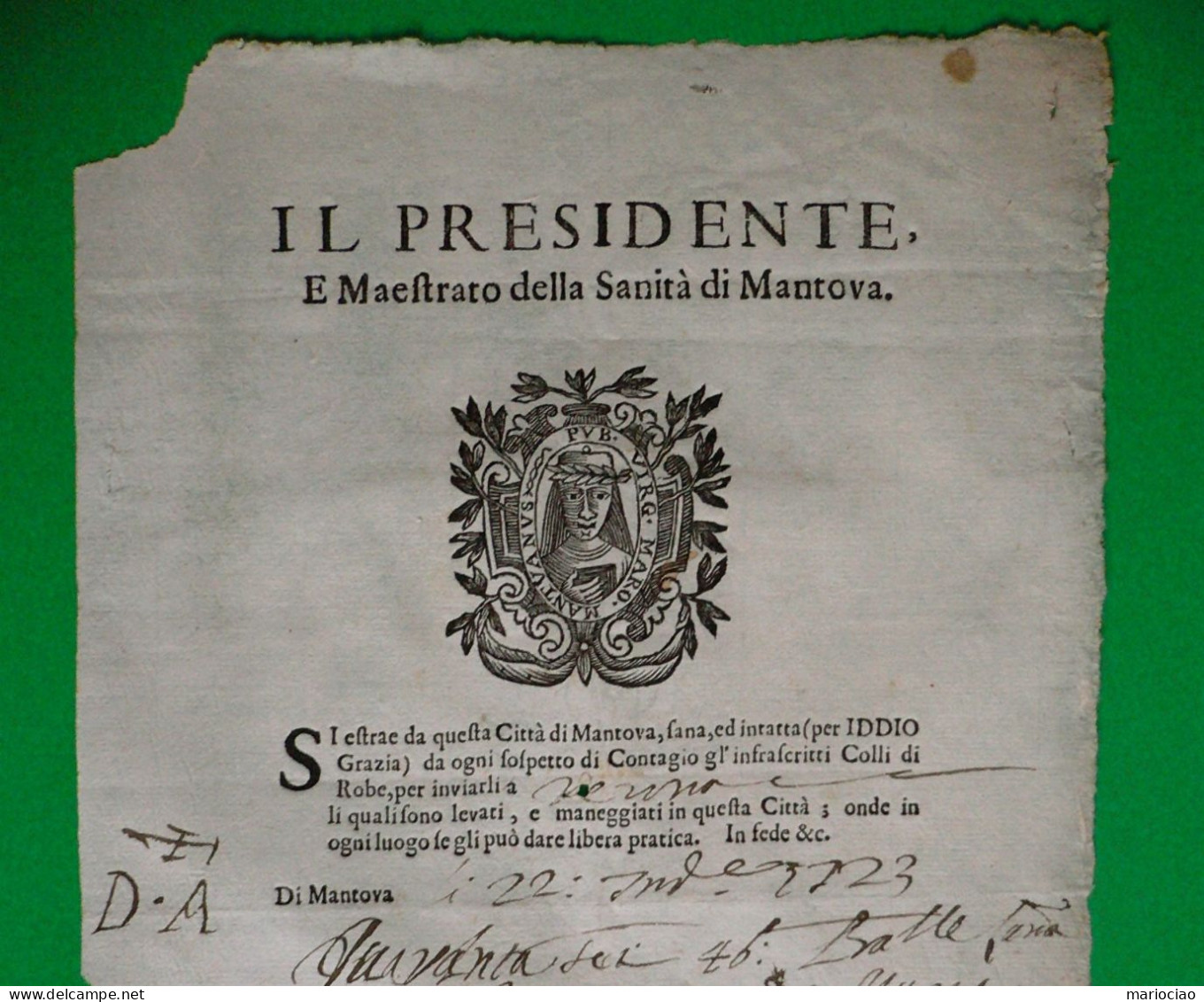 D-IT Fede Di Sanità Mantova 1723 Diretta A Venezia -Lasciapassare Sanitario RARO - Documentos Históricos