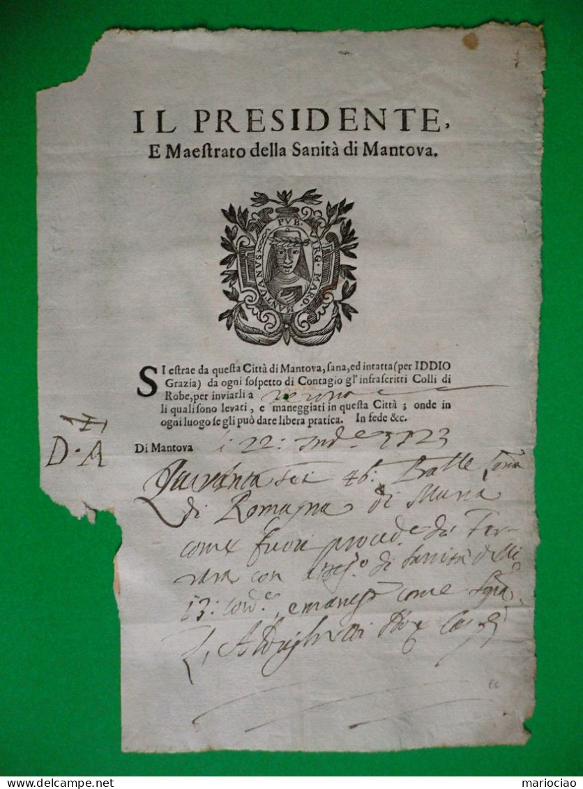 D-IT Fede Di Sanità Mantova 1723 Diretta A Venezia -Lasciapassare Sanitario RARO - Documentos Históricos