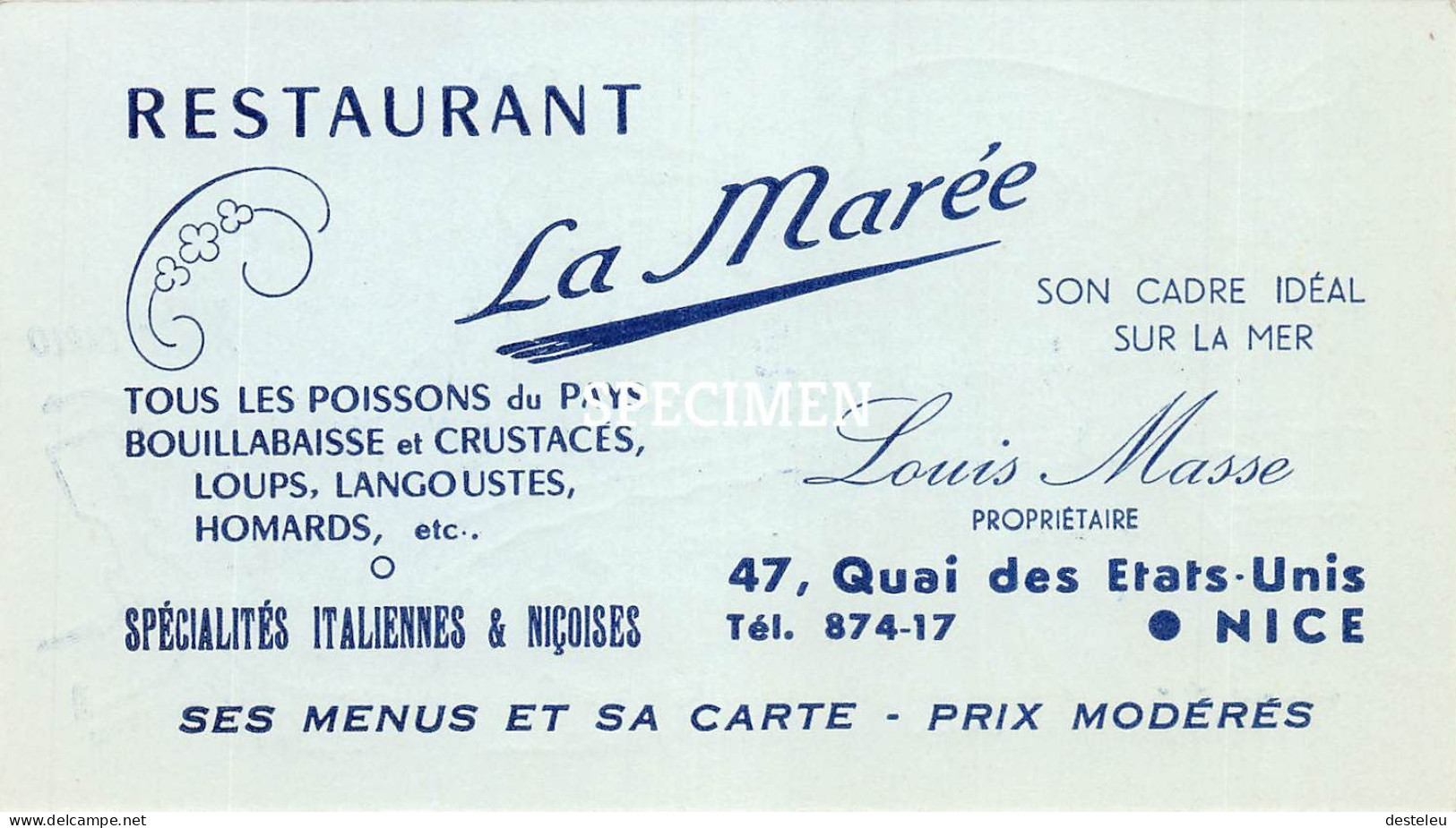 Carte Pub Restaurant La Marée - Nice - Pubs, Hotels And Restaurants