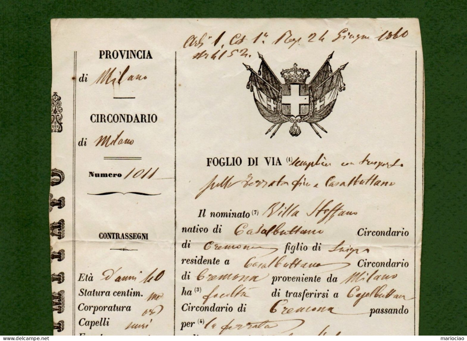 D-IT FOGLIO DI VIA - Regno D'Italia MILANO 1864 - Historische Documenten