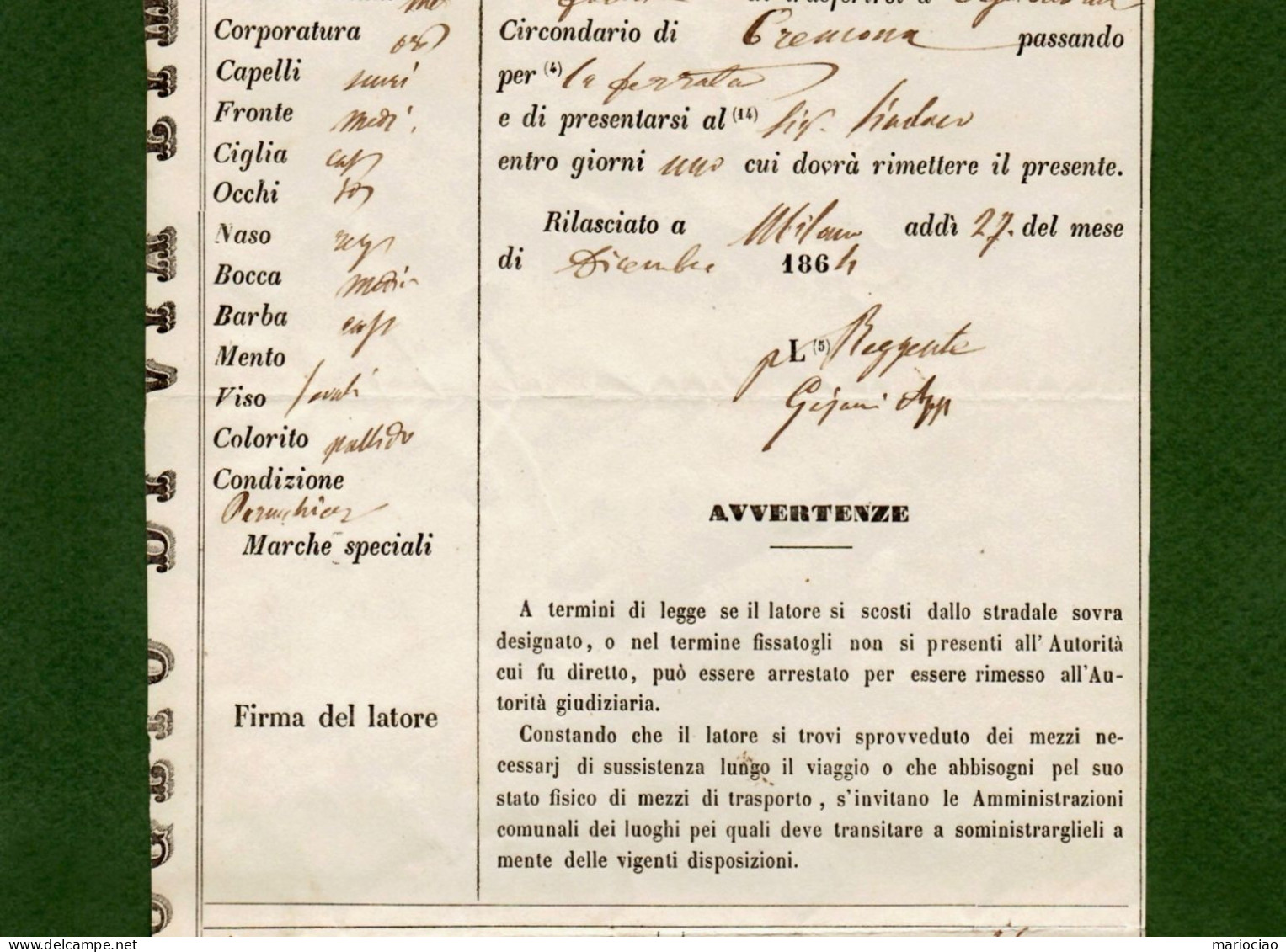 D-IT FOGLIO DI VIA - Regno D'Italia MILANO 1864 - Historische Documenten