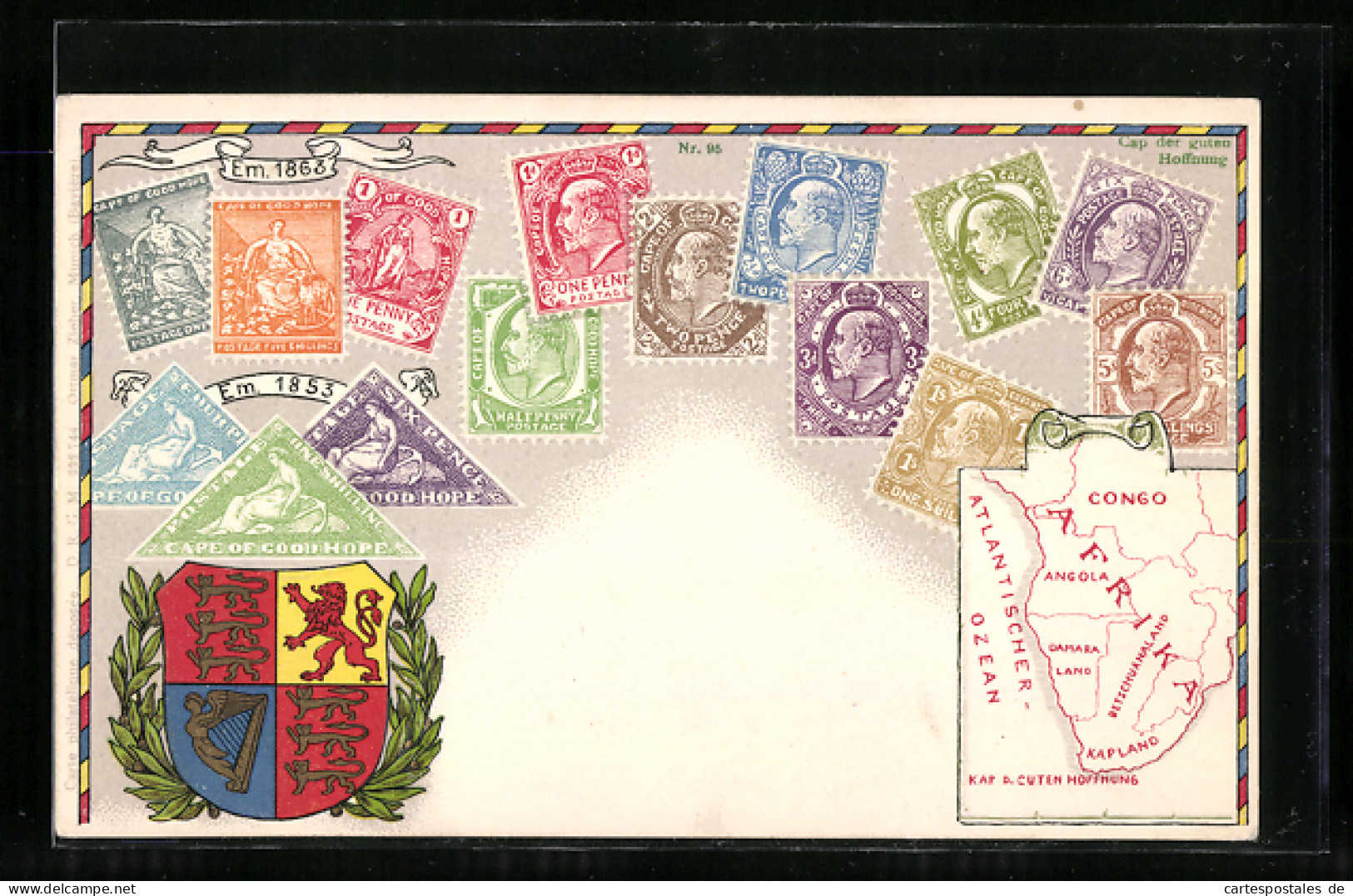 AK Briefmarken Cape Of Good Hope, Landkarte Und Wappen  - Briefmarken (Abbildungen)