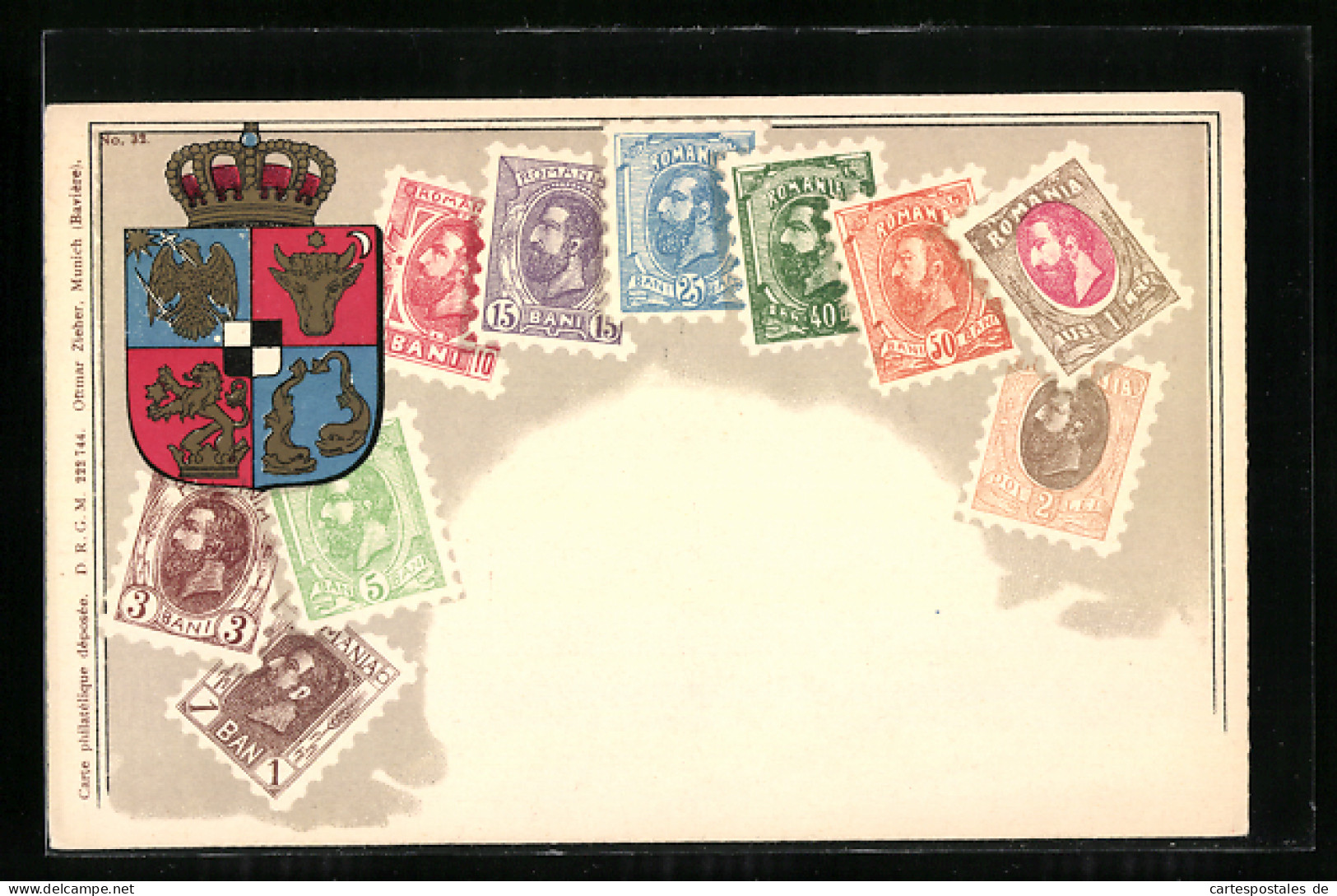 AK Briefmarken Aus Rumänien, Goldenes Wappen Mit Stierkopf Und Adler  - Briefmarken (Abbildungen)