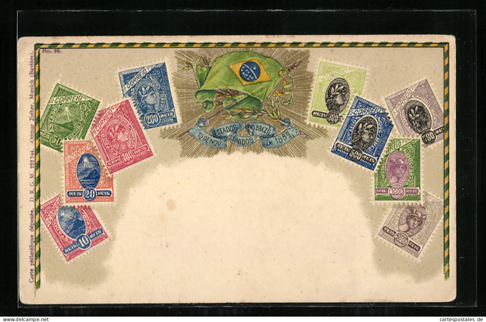 AK Brasilien, Brasilianische Flagge & Briefmarken  - Timbres (représentations)