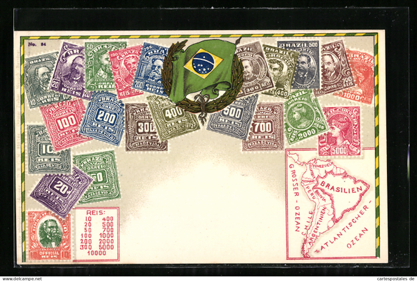 AK Briefmarken, Kranz Mit Brasilianischer Flagge  - Briefmarken (Abbildungen)