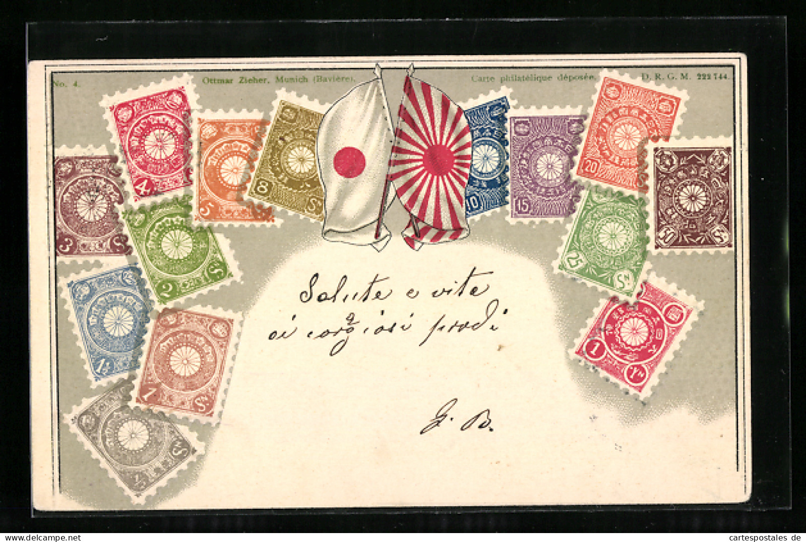 Präge-AK Japan, Briefmarken Und Landesfahne  - Postzegels (afbeeldingen)