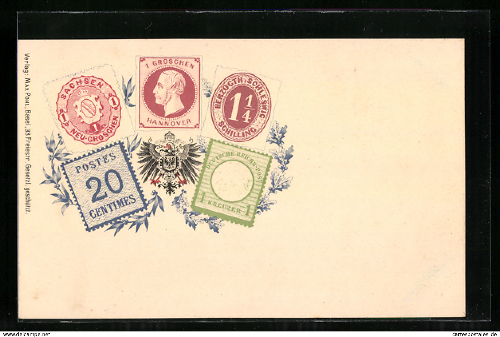 AK Deutsche Briefmarken 1 Groschen, 20 Centimes, 1 Kreuzer, 1 1 /4 Schilling  - Postzegels (afbeeldingen)