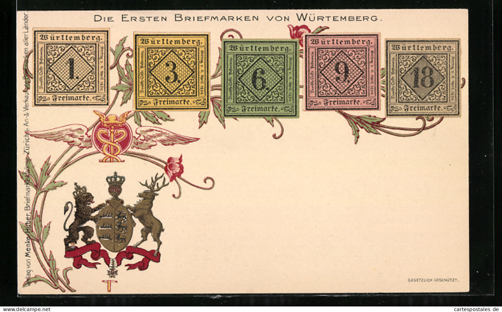 AK Die Ersten Briefmarken Von Württemberg, Wappen Mit Geflügeltem Schlangenbild  - Briefmarken (Abbildungen)