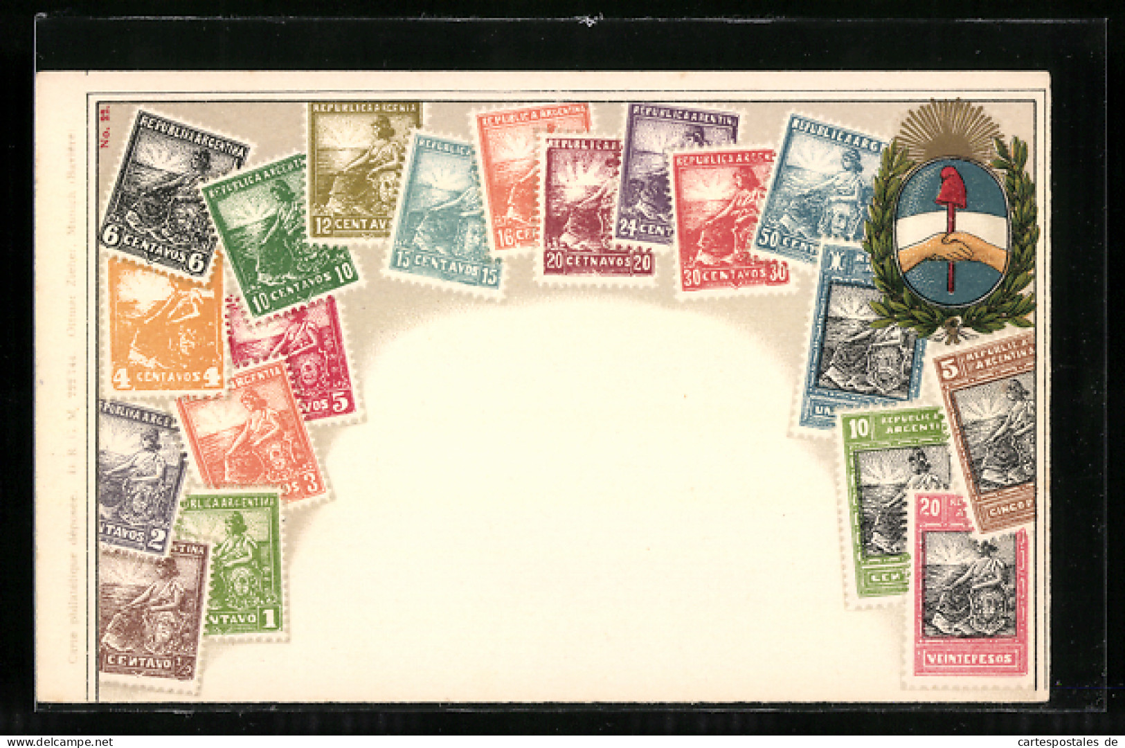 Präge-AK Argentinien, Briefmarken Und Wappen Im Lorbeerkranz  - Briefmarken (Abbildungen)