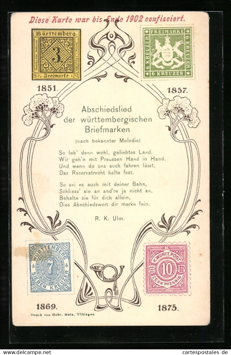 AK Abschiedslied Der Württembergischen Briefmarken, Briefmarken Von 1851-1857-1869-1875, Postgeschichte  - Timbres (représentations)