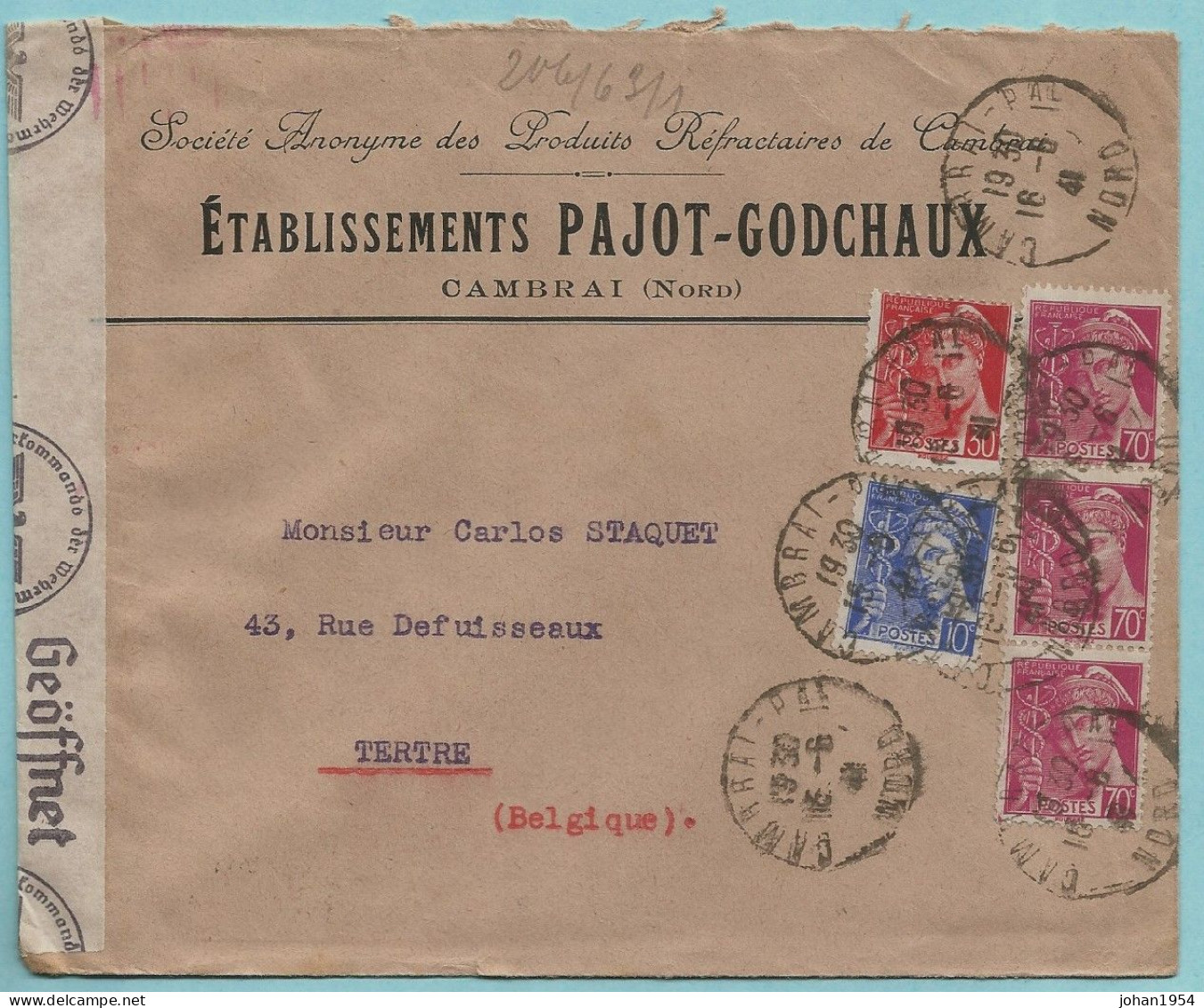N°416 (3)+546+547 Sur Lettre + Censure, Obl. CAMBRAI / NORD 18/06/1941, Entête : Ets Pajot-Godchaux - Guerre De 1939-45