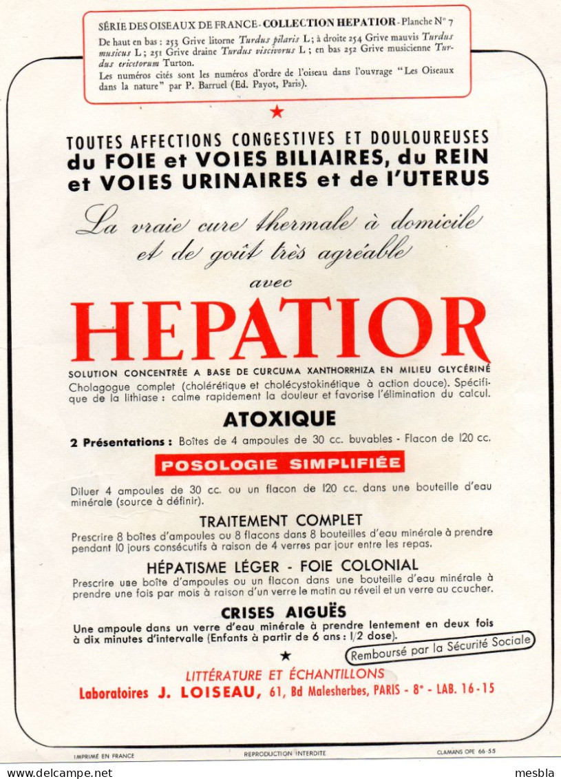 7 Planches,  Série des OISEAUX de FRANCE -  COLLECTION  HEPATIOR- Produits Pharmaceutiques - Dessins de P. BARRUEL