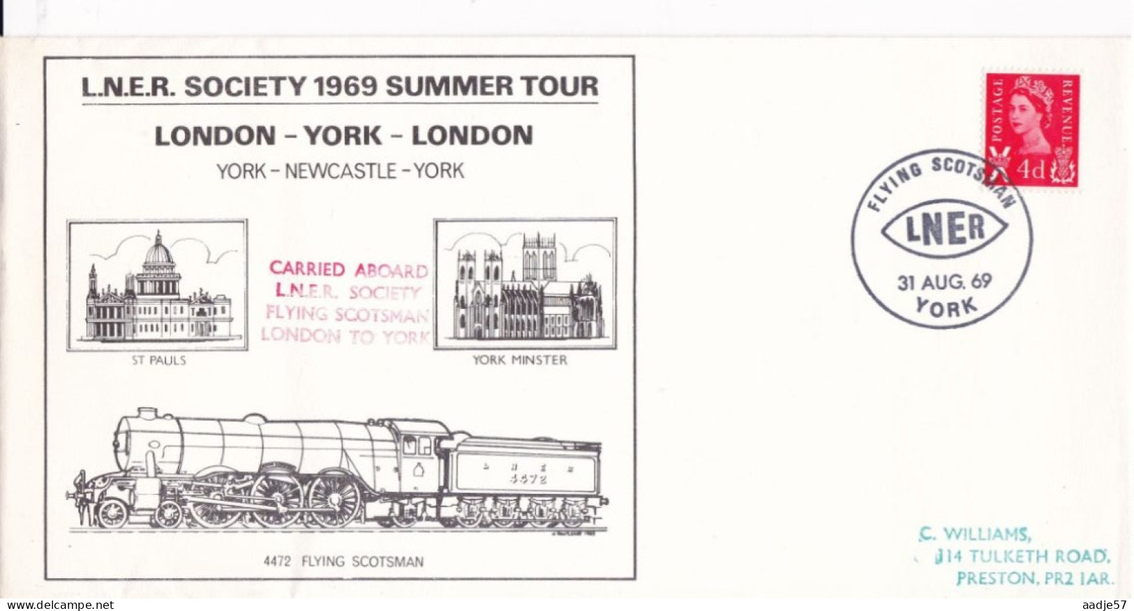 GB Engeland 1969 London - York - London LNER Society Carried Aboard 31-08-1969 - Trains