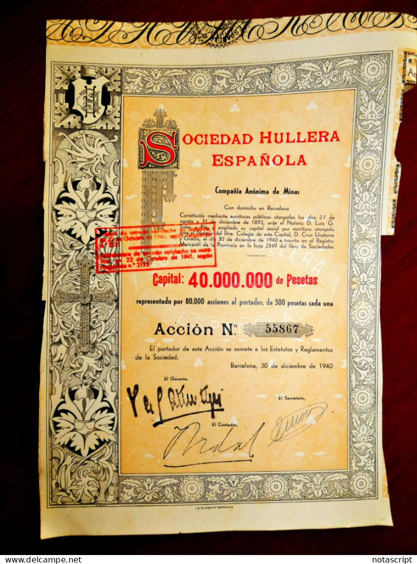 Sociedad Hullera Española, Barcelona 1940.share Certificate - Mijnen