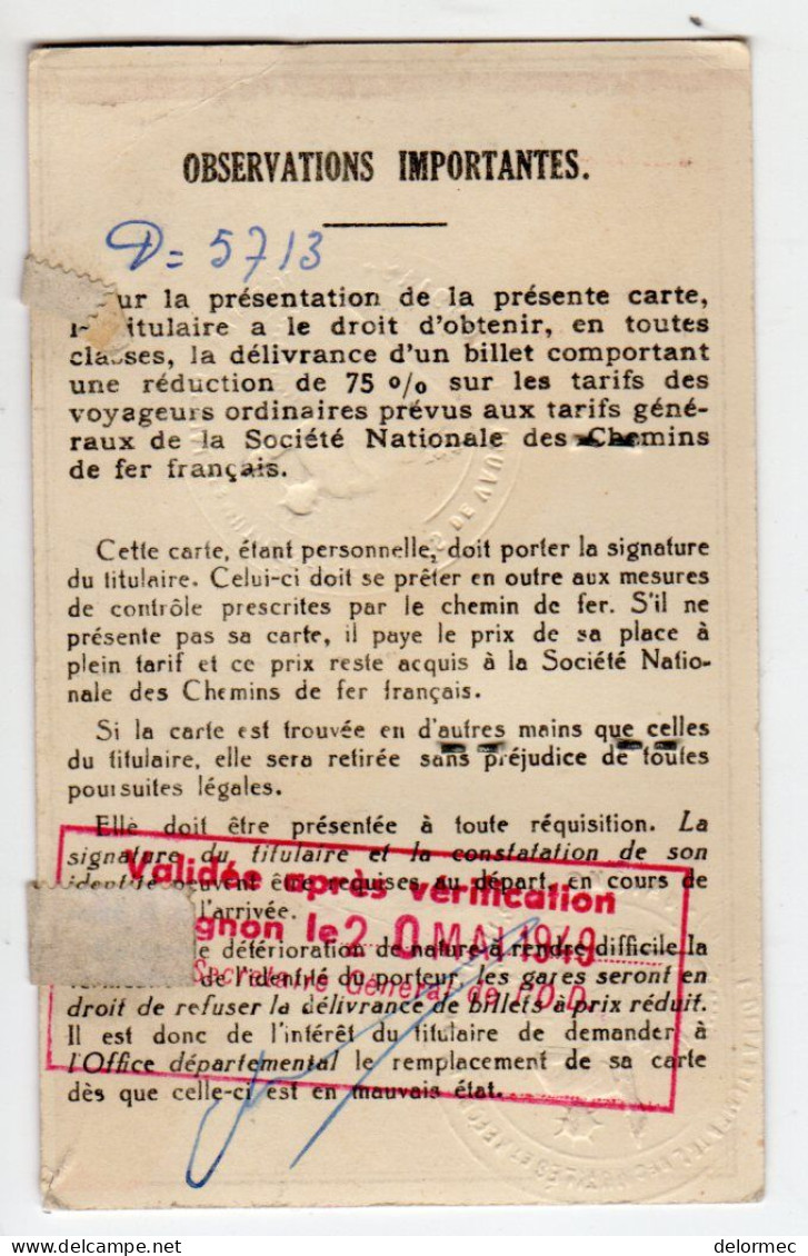Militaria Guerre 1939-45 Ww2 Carte Invalidité Combattants 75 % Germain Brun Vaucluse Avignon 1945 - 1939-45