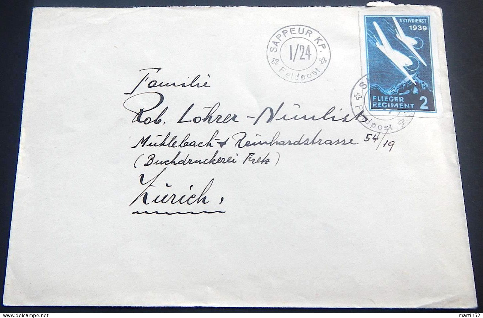 Schweiz Suisse 194?: Feldpost-Brief Mit SM "FLIEGER-REGIMENT 2" Mit Stempel SAPPEUR KP.I/24 + Feldpost + - Documents