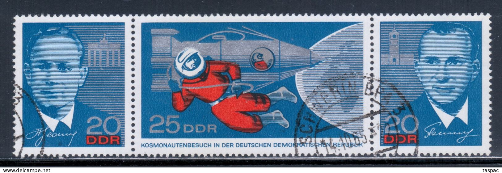 East Germany / DDR 1965 Mi# 1138-1140 Used - Strip Of 3 - Visit Of The Russian Cosmonauts / Space - Gebruikt