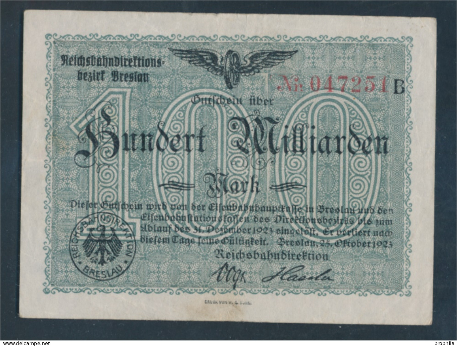 Breslau Pick-Nr: S1140 Inflationsgeld Der Deutschen Reichsbahn Breslau Gebraucht (III) 1923 100 Milliarden Mar (10288421 - 100 Mrd. Mark