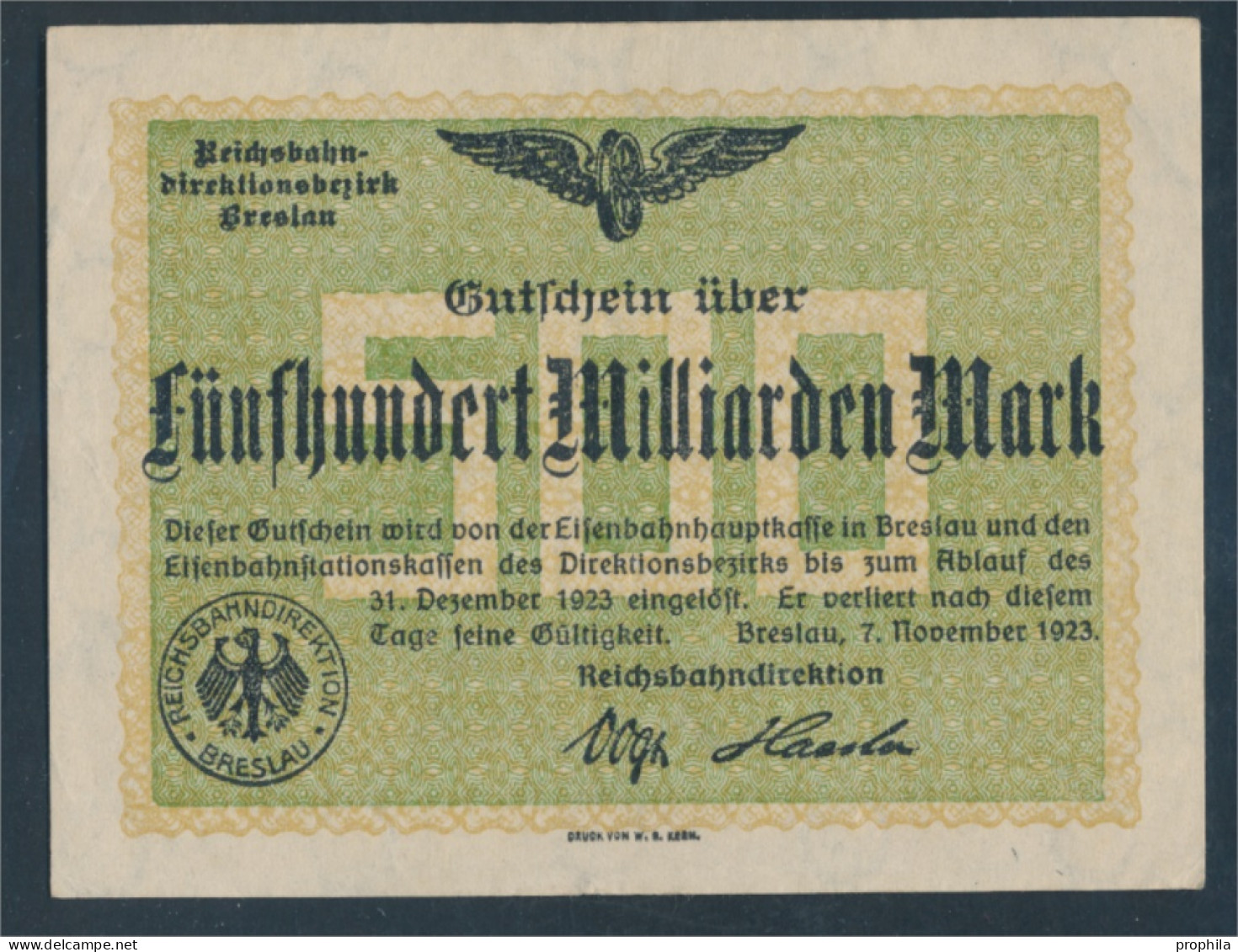 Breslau Pick-Nr: S1141 Inflationsgeld Der Deutschen Reichsbahn Breslau Gebraucht (III) 1923 500 Milliarden Mar (10288420 - 500 Miljard Mark