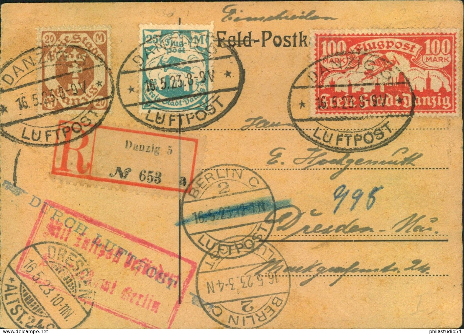 1923, Einschreibenkarteper Luftpost über Berlin Luftpost Nach Dresden - Lettres & Documents