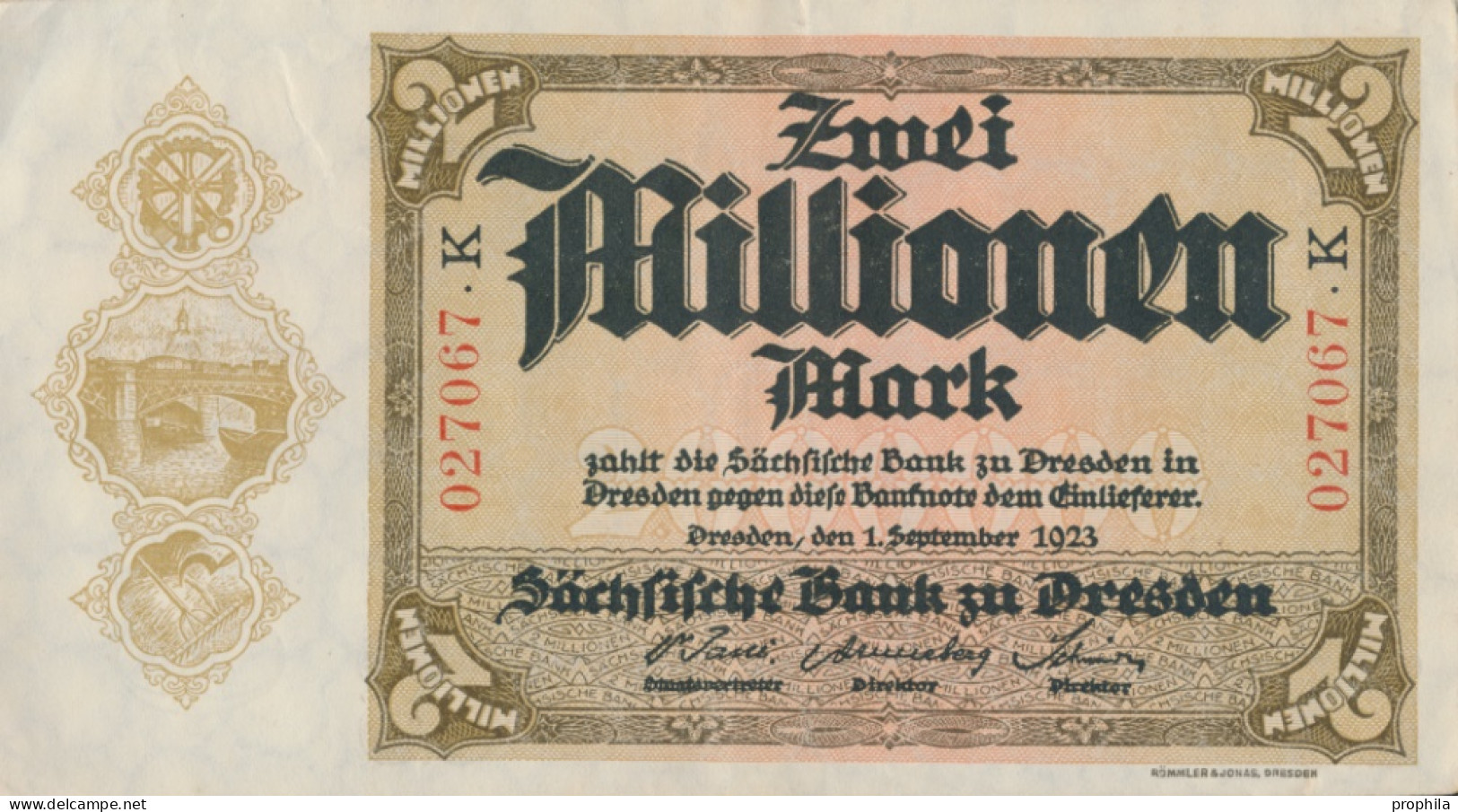 Sachsen Rosenbg: SAX20 Länderbanknote Sachsen Gebraucht (III) 1923 2 Mio. Mark (10288531 - 2 Mio. Mark