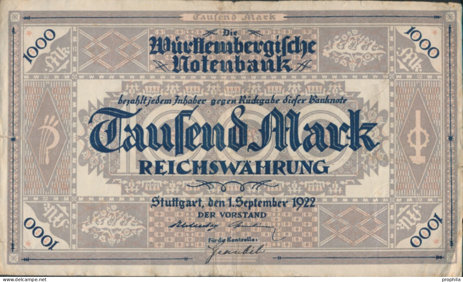 Württemberg Rosenbg: WTB12a Länderbanknote Württemberg, Vs. Mit Handunterschrift Stark Gebraucht (IV) 1922  (10288530 - 1000 Mark