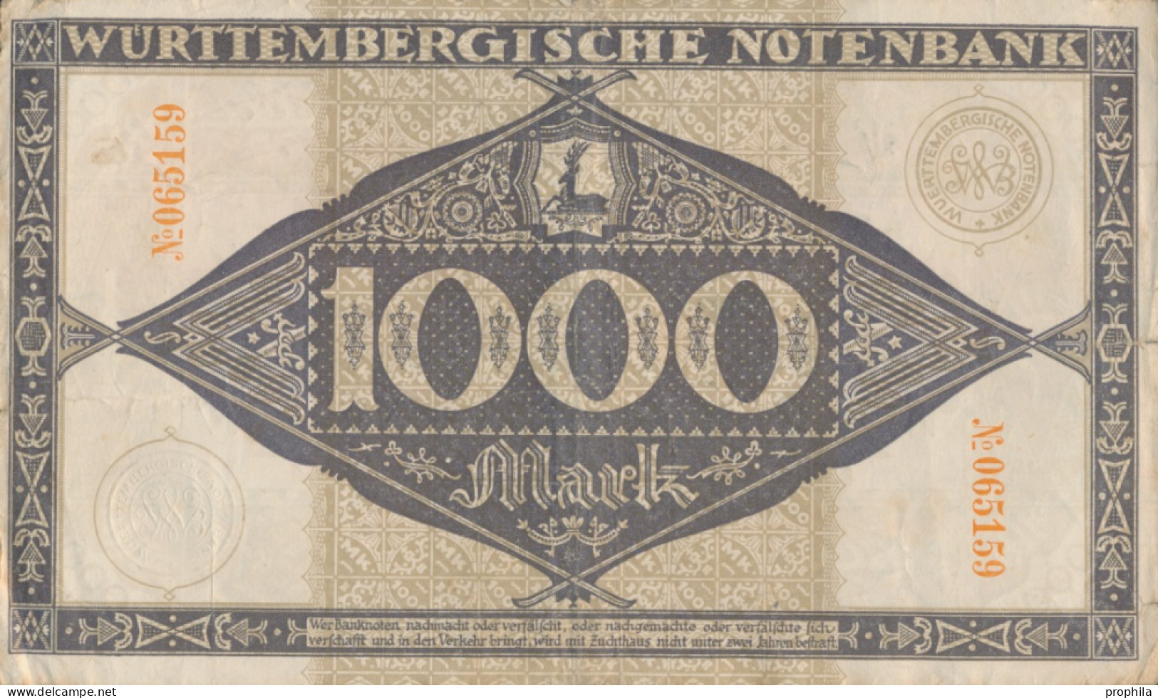 Württemberg Rosenbg: WTB12a Länderbanknote Württemberg, Vs. Mit Handunterschrift Stark Gebraucht (IV) 1922  (10288530 - 1.000 Mark