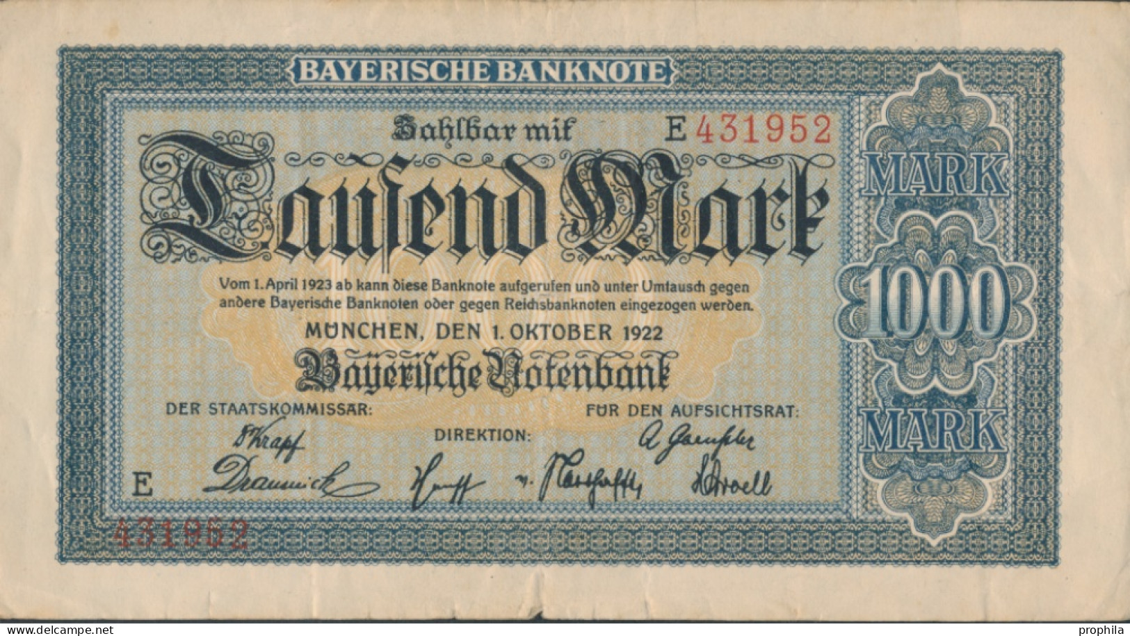 Bayern Rosenbg: BAY5a Länderbanknote Bayern Gebraucht (III) 1922 1.000 Mark (10288506 - 1.000 Mark
