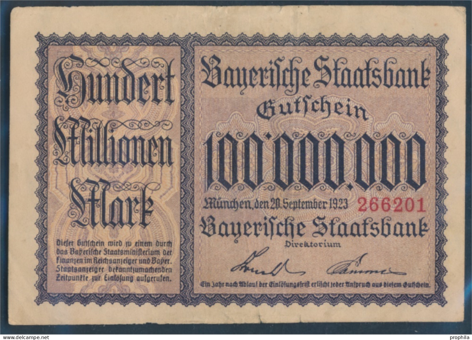 Bayern Inflationsgeld Bayerische Staatsbank Gebraucht (III) 1923 100 Millionen Mark (10288401 - 100 Millionen Mark